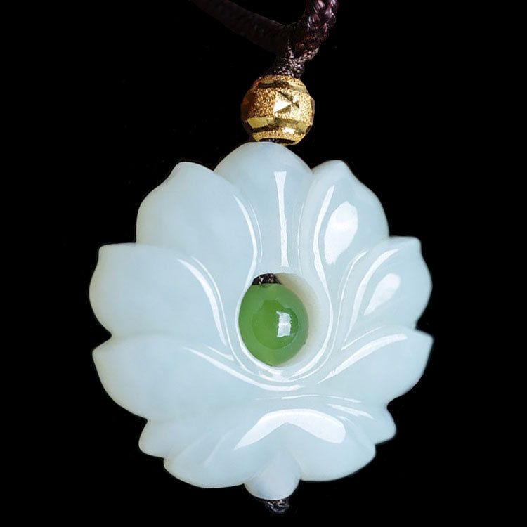 Natural White Jade Lotus Pendant Necklace Fashion Lucky Charm New 