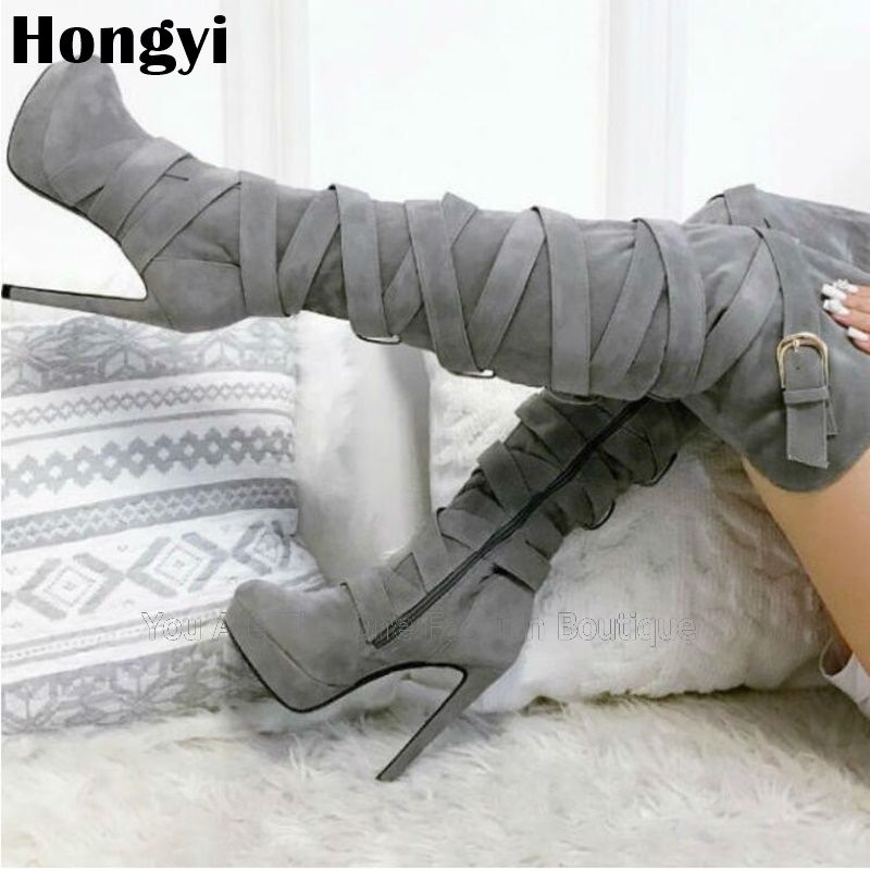 thigh high grey boots
