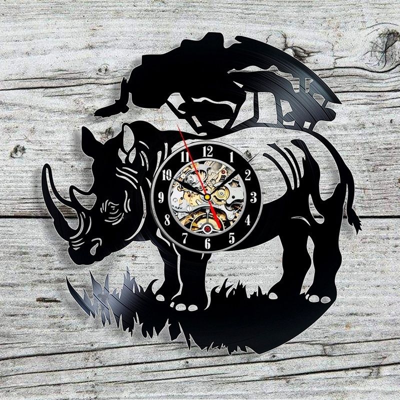 Design Rhino Vinyl Record Wall Clock Wild Animal Art Clock Birthday Gift For Kids Wall Decor Home Decor Size 12 Inch Color Black Oversized Wall Clocks Cheap 10 Inch Kitchen Wall Clocks