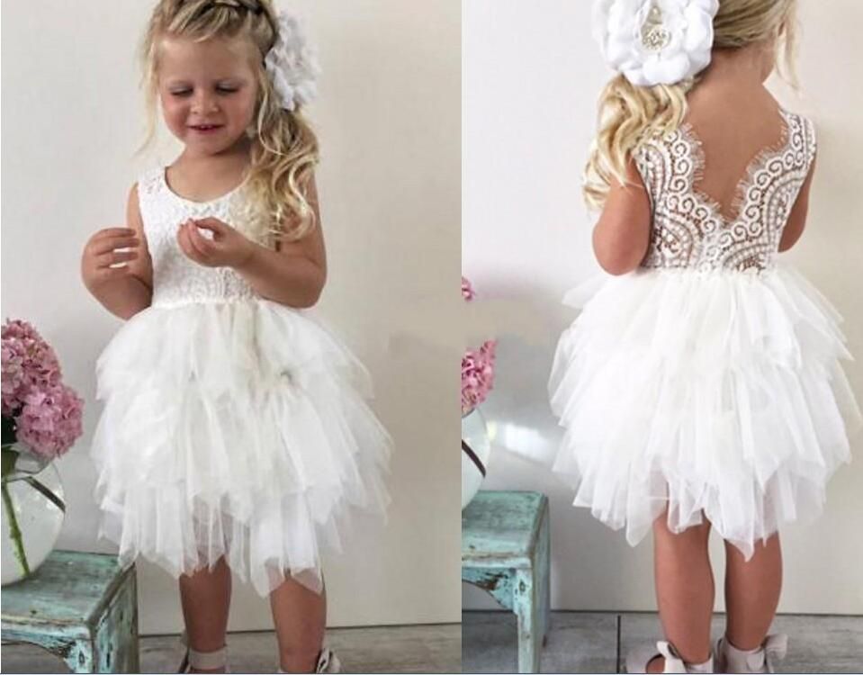 Acheter 2018 Longueur Au Genou Robes Courtes Filles Fleur Pour Mariage Blanc Jupe En Dentelle Mignon Tutu Petites Filles Princesse Robes Pageant De