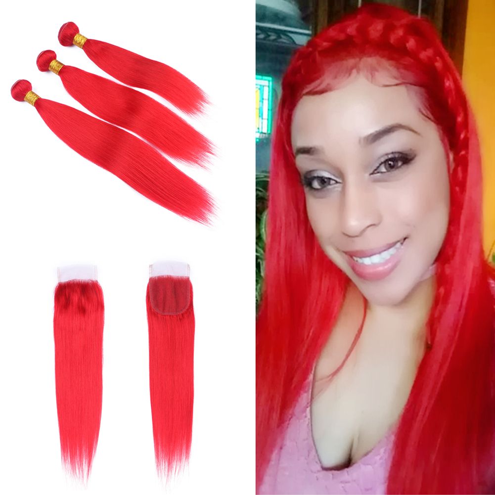 2019 Brazilian Red Virgin Human Hair Weaves With Lace Closure Ruby