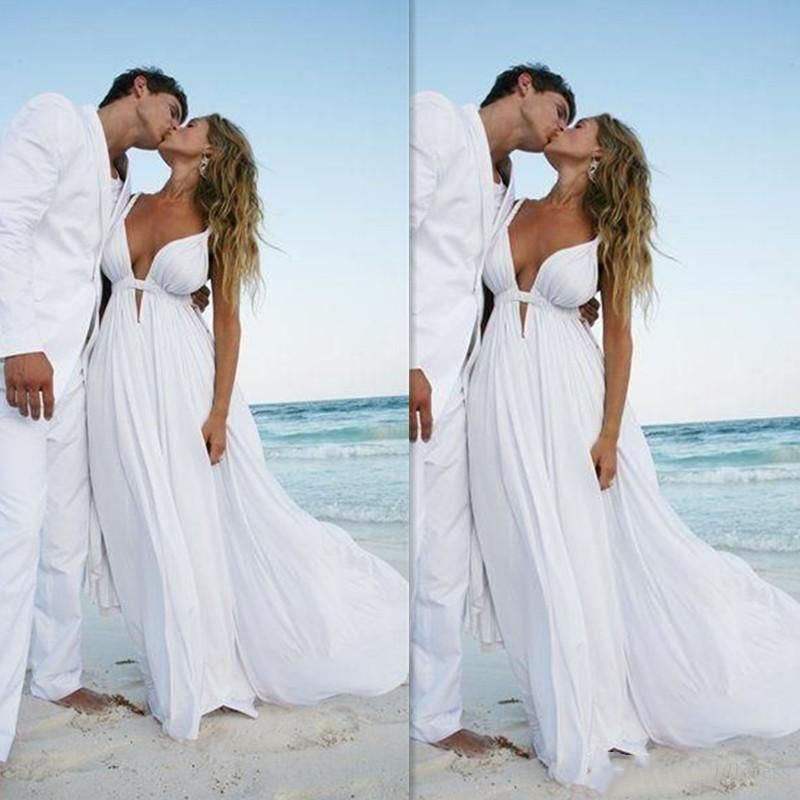 Beach Wedding Dresses 2018 White Chiffon Deep V Neck Sexy Empire Bridal  Gowns Summer Seaside Cheap Dress For Brides Vestido De Novia