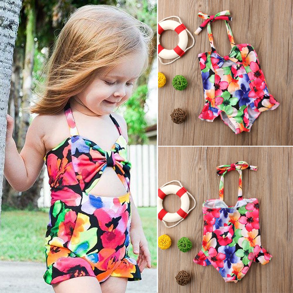 ALove Baby Girls Floral One Piece Swimsuit Ruffle Bathing Suits Bowknot Swimwear