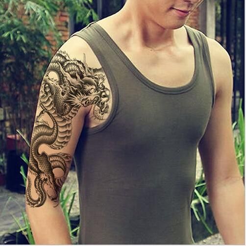 Acheter Autocollants De Tatouage Imperméable Hommes Bras De Fleur De Dragon Noir Traditionnel Autocollants De Tatouage épaule Dragon Figure