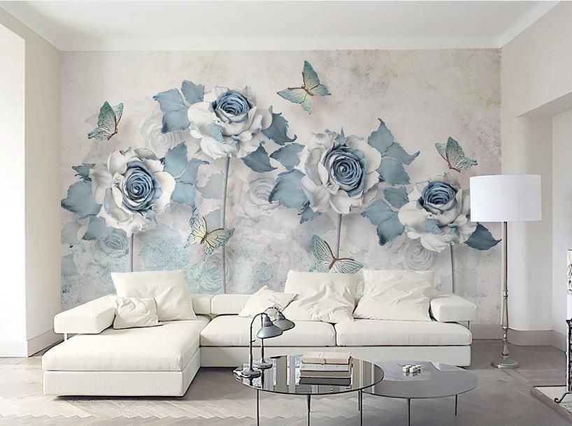 Grosshandel Tapete Fur Schlafzimmer Wande Hellblau Elegant 3d Blume Schmetterling Tv Hintergrund Wand Tapeten Wohnkultur Designer Von Yyyy2015 35 18