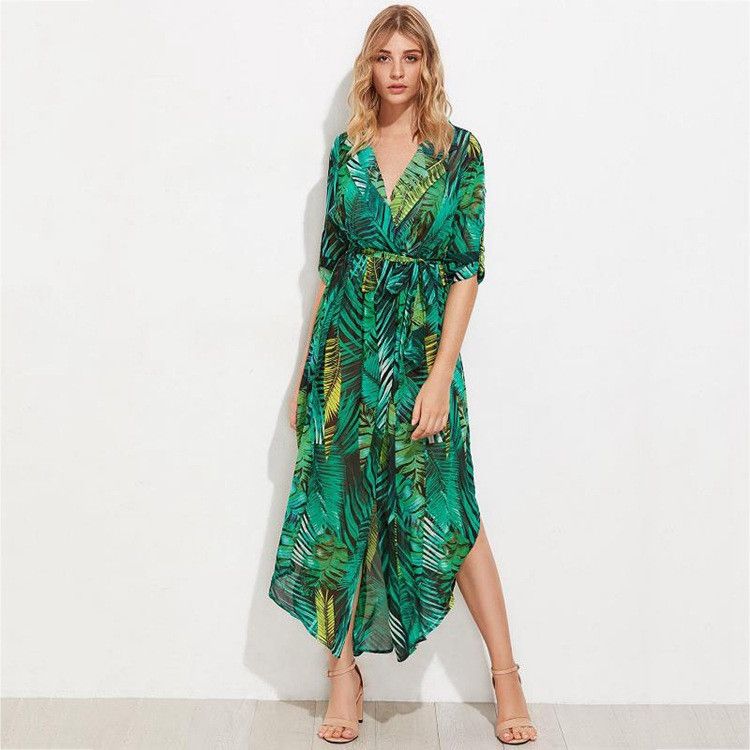 Long Sleeve Dress Green Tropical Print Vintage Maxi Dresses Boho