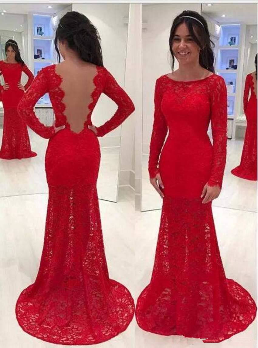 red lace gown with sleeves