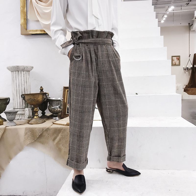 Compra Vintage Hombre Moda A Cuadros De Talle Alto Con Cinturón De Los  Pantalones Ocasionales De La Pierna Ancha Traje Pantalón Pantalones Barato  | Entrega Rápida Y Calidad | Es.Dhgate