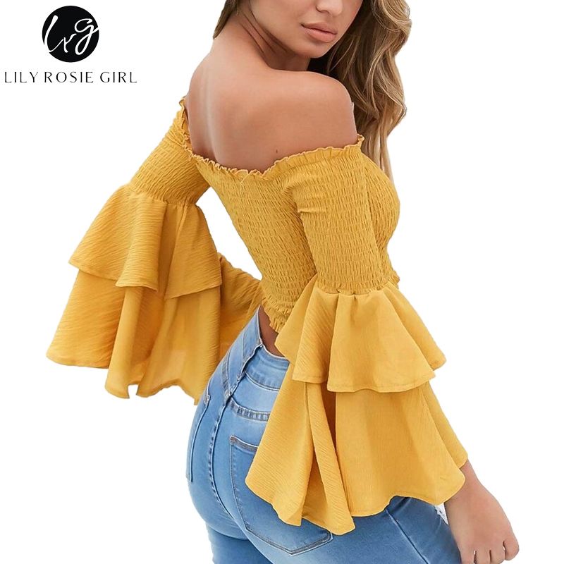 yellow long sleeve off the shoulder top