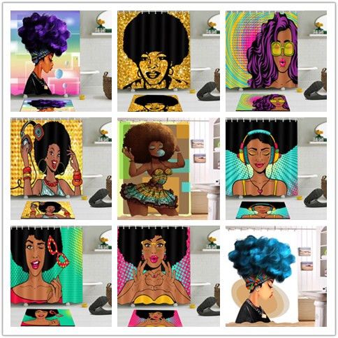 2019 African Woman With Purple Afro Hair Shower Curtain Polyester