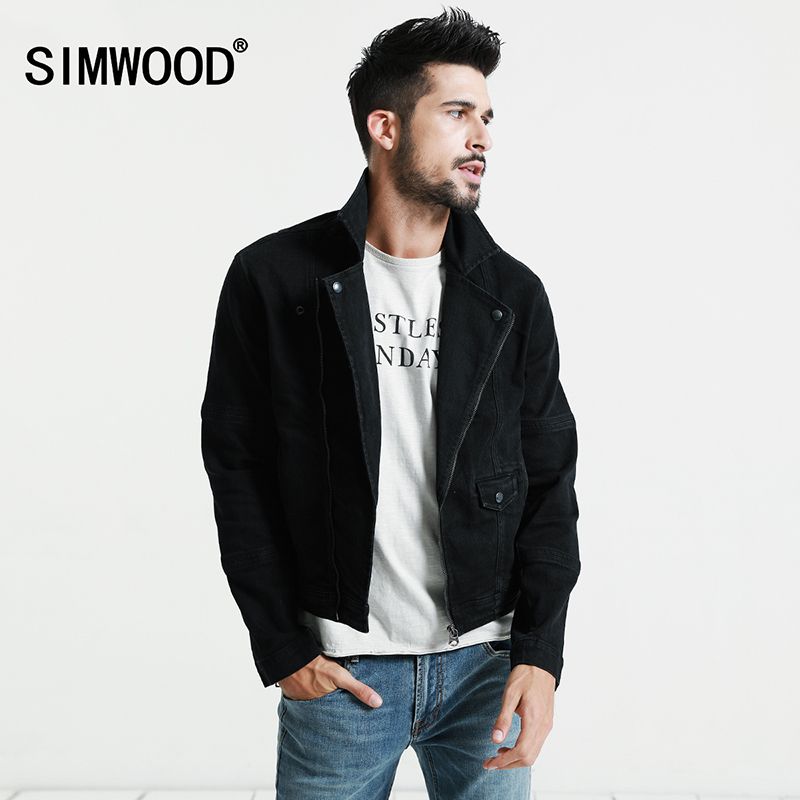 Simwood Black Denim Jacket Men 2018 Autumn New Slim Fit Zippers