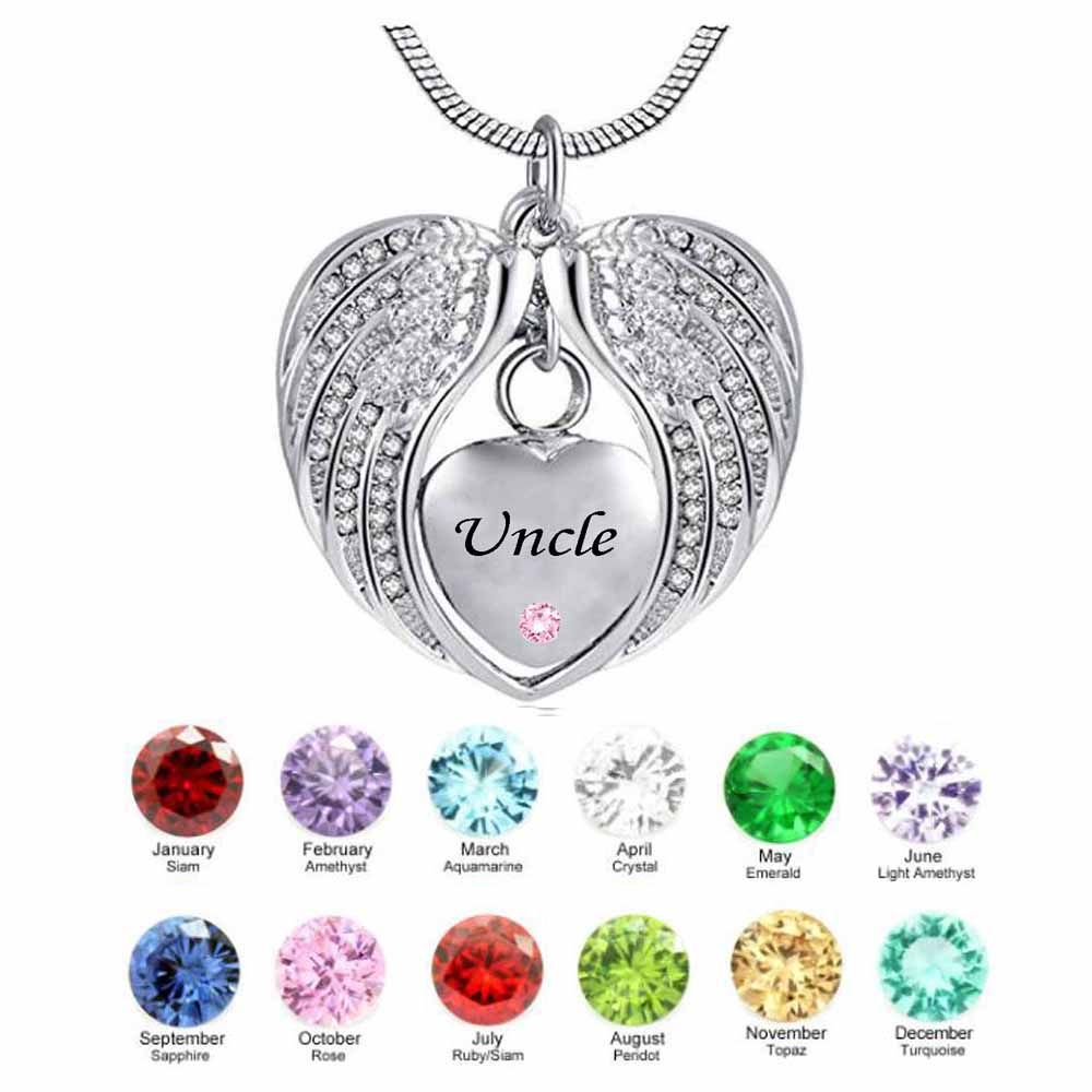 misyou Birthstone Angel Wings Uncle Cremation urn Memorial Keepsakes Necklace Ashes Jewelry Stainless Steel Pendant 