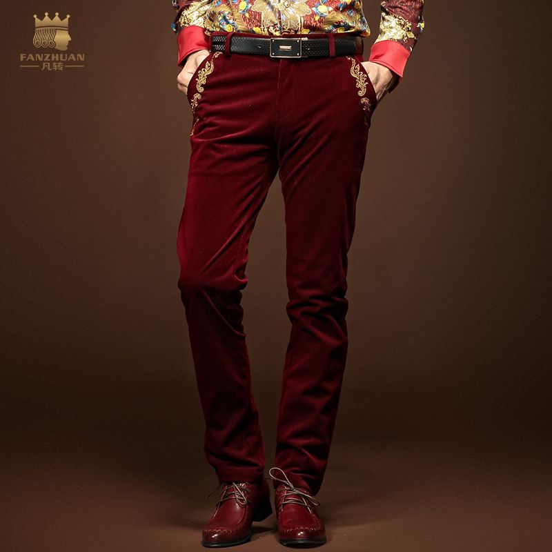 FANZHUAN Mens Black Silver Embroidery Pants Slim Fit Casual