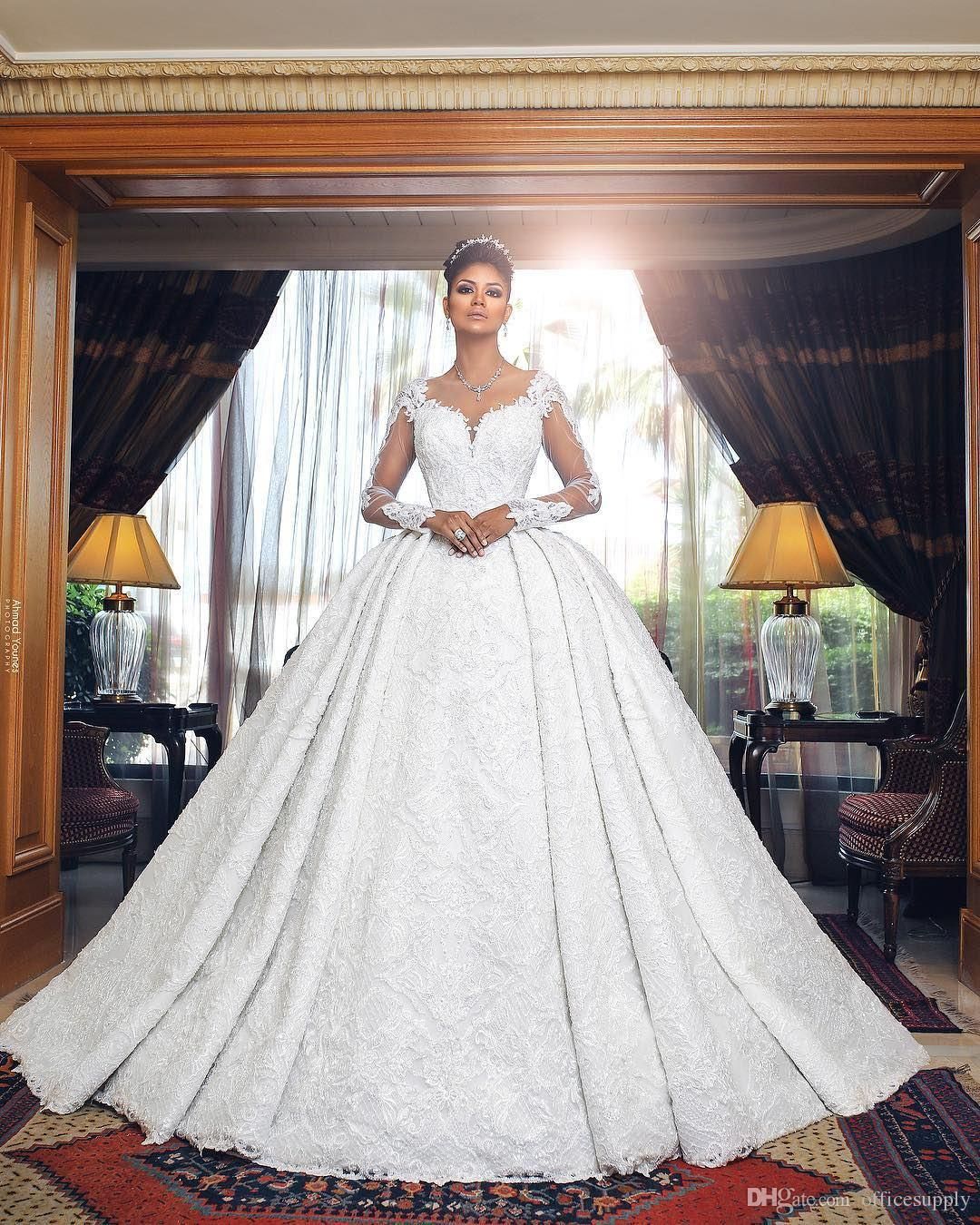 Acheter 2019 Nigeria Africain Nouvelle Robe De Bal Robe De Mariage Robes Cou Cou Couché à Manches Longues Pleine Dentelle Perlée Sheer Dos Chapelle