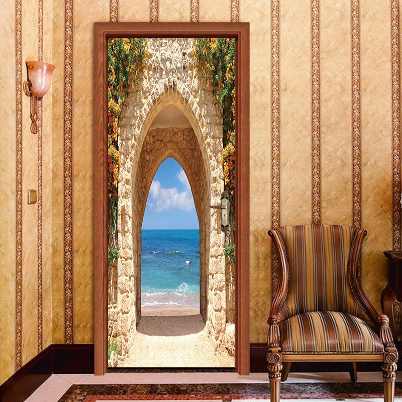 Acquista Bella Vista Set Di Pietra Porta Adesivi Carta Da Parati Stile 3d Effect Mare Archi Paesaggio Camera Da Letto Soggiorno Impermeabile