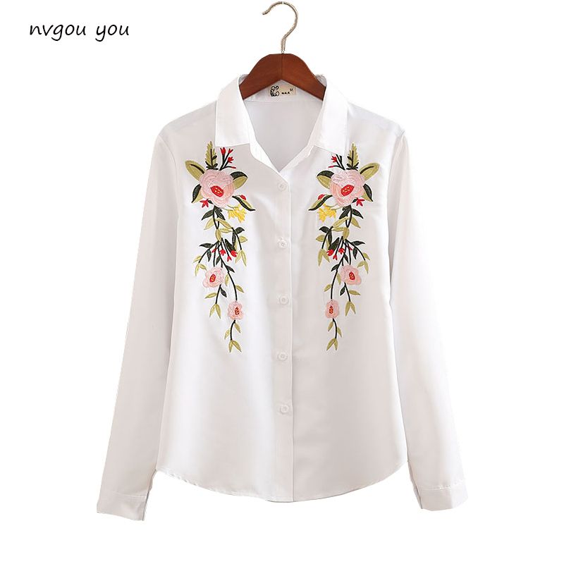 gou 2018 Blusa bordada floral camisa de mujer Tops blancos delgados Blusas de manga larga