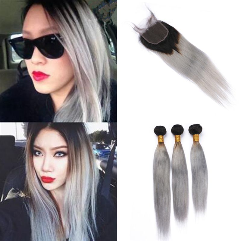 2019 Black To Grey Ombre Brazilian Hair Bundles With Lace Closure