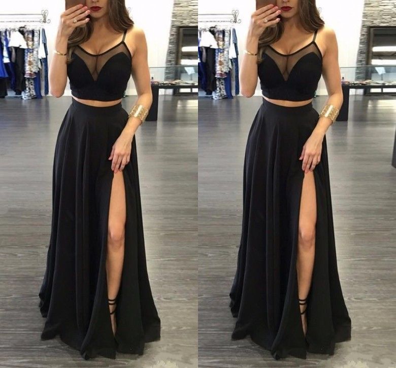 Aluguel De Vestido De Festa Preto Sexy Two Piece Prom Vestidos Longos Alta Coxa Evening Partido Vestido Com Racha Ver Através Chffion Graduação Vestidos Bata O Desgaste Vestidos Longos Para Festas De