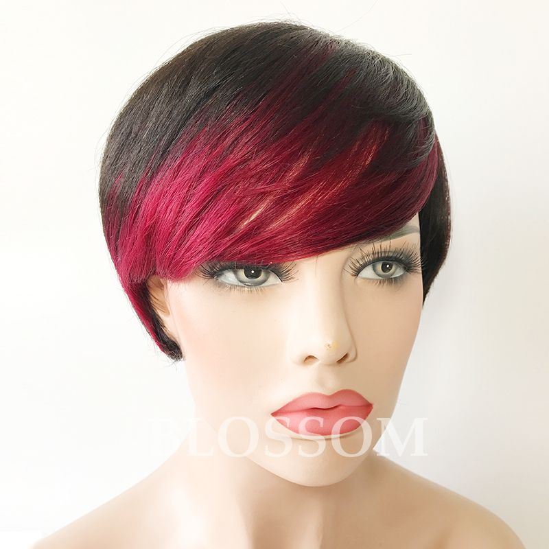 New Ombre Short Wigs for Black Women Black Rooted Side Blue Red Bangs Blue  Hair Highlights African American Hair Wigs Natural Straight