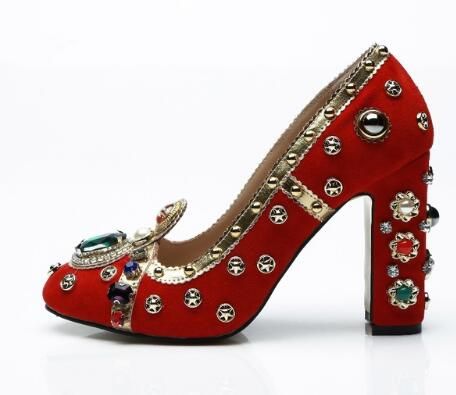 red rhinestone block heels