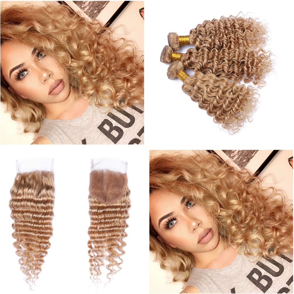 2019 Strawberry Blonde 27 Deep Wave Hair Extensions With Closure