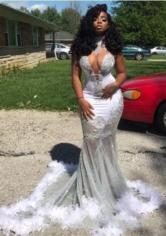 Sexy See Through Top African Prom Dresses With Feather Lace