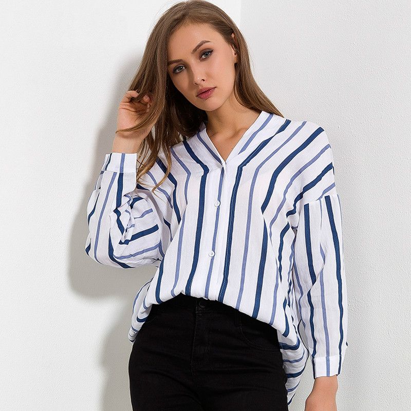 Camisa a rayas Mujer 2018 Otoño Nueva llegada Escote V Blusas casuales Damas Camisas