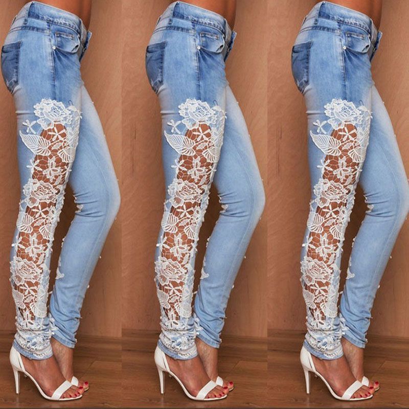 Compra Jeans De Las Mujeres Con Encaje Blanco Novio De La Flor Pantalones  De Mezclilla De Mujer Pantalones Vaqueros Flacos De Cintura Alta Mujer  Pantalones Lápiz De Moda Barato | Entrega Rápida