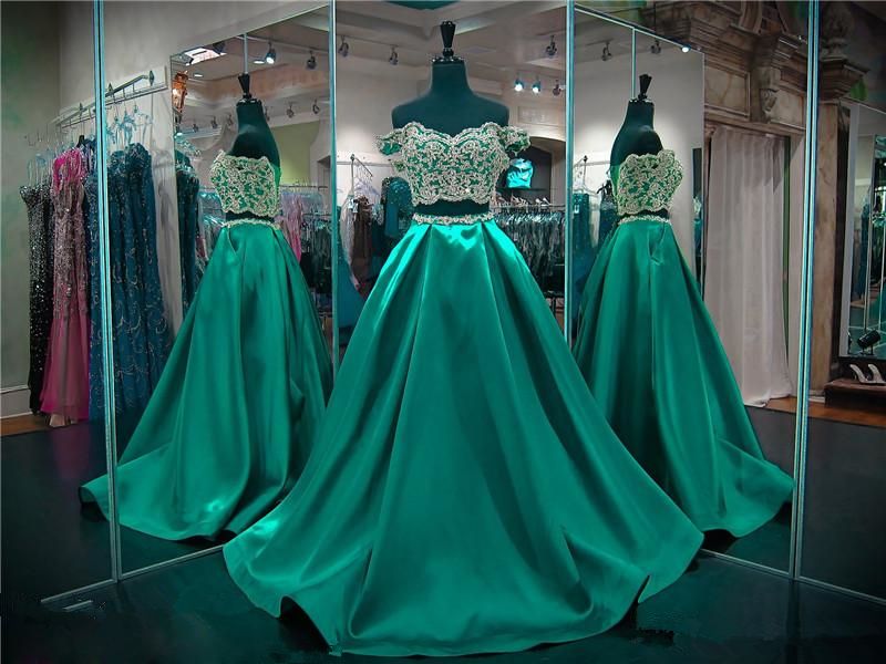 emerald green two piece prom dress