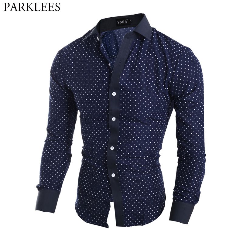 New Fashion Mens Button Luxury Casual Slim Stylish Polka Dot Dress Shirts 6 Size