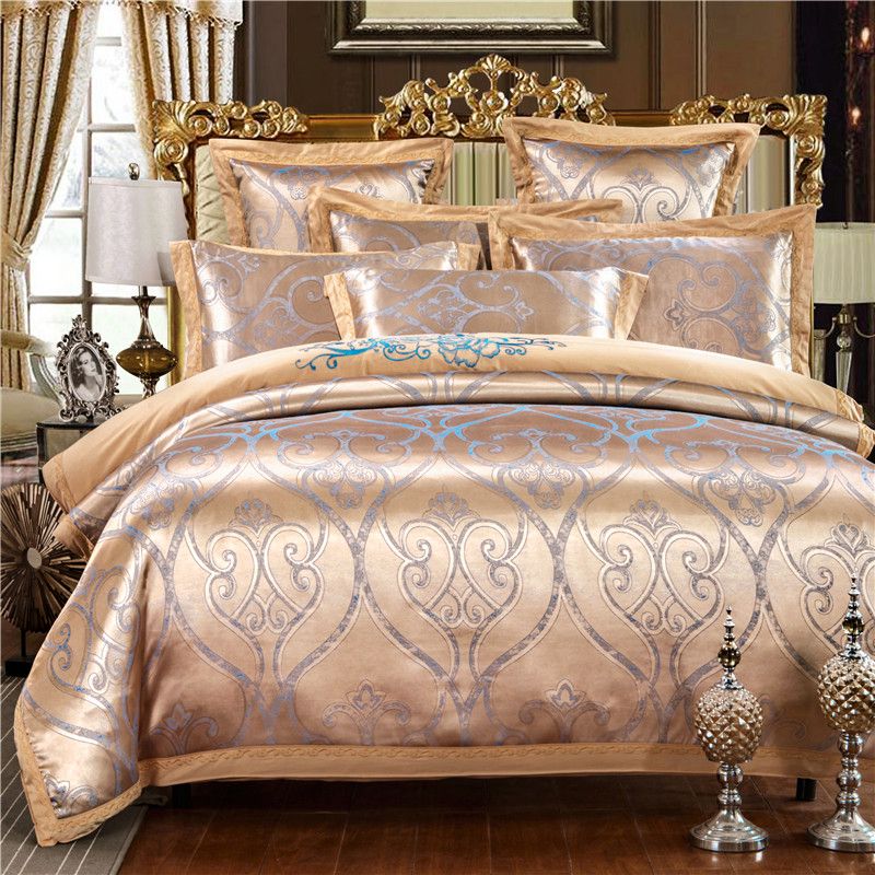 Gray Gold Jacquard Bedding Sets Bed Cover Queen King Size Silk