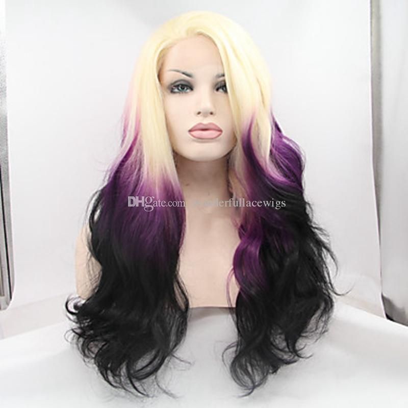 Cheap Dark Roots Blonde Black Purple Body Wave Synthetic Lace Front Wig High Quality Black Blonde Ombre Heat Resistant Fiber Hair Women Wigs Janet