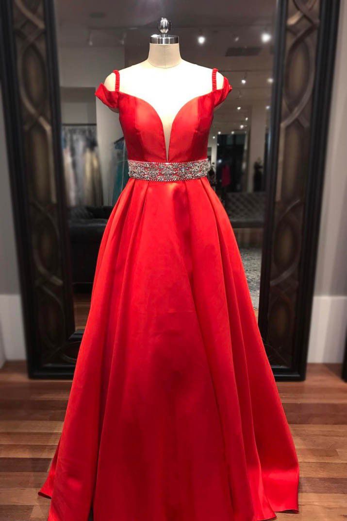 Elegante vestido rojo largo vestido de fiesta una línea que cuelga v cuello  cuentas faja satinado longitud del piso partido personalizado vestido de  noche formal MP207