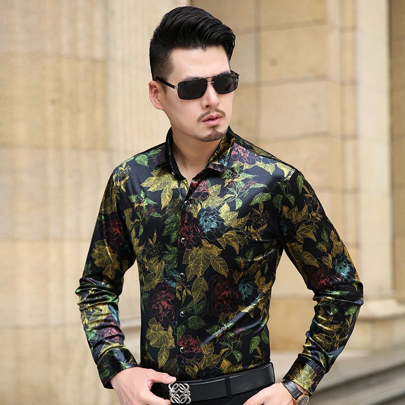 Luxury Homme highquality Velvet Cotton Floral Print Men Casual Dress Tops Shirt