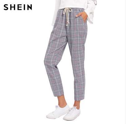 Compra SHEIN Cordón Detalle Pantalones Cuadros Grises Pantalones Cintura  Alta Cintura Elástica Cosecha Pantalones Casuales Sueltos Barato | Entrega  Rápida Y Calidad | Es.Dhgate