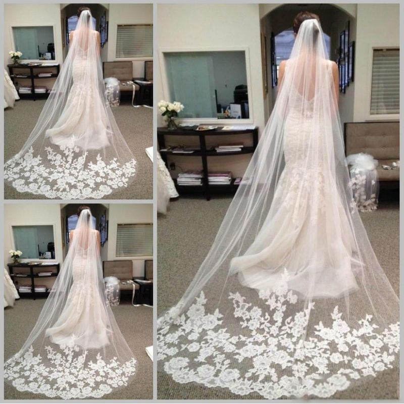 Voiles de Mari/ée Longue en Dentelle Applique avec Peigne Voile de Mariage Accessoires de Coiffure de Mari/ée Voiles de Cath/édrale Bordure de Tulle Applique D/écoration Accessoire de mariage Mousseline