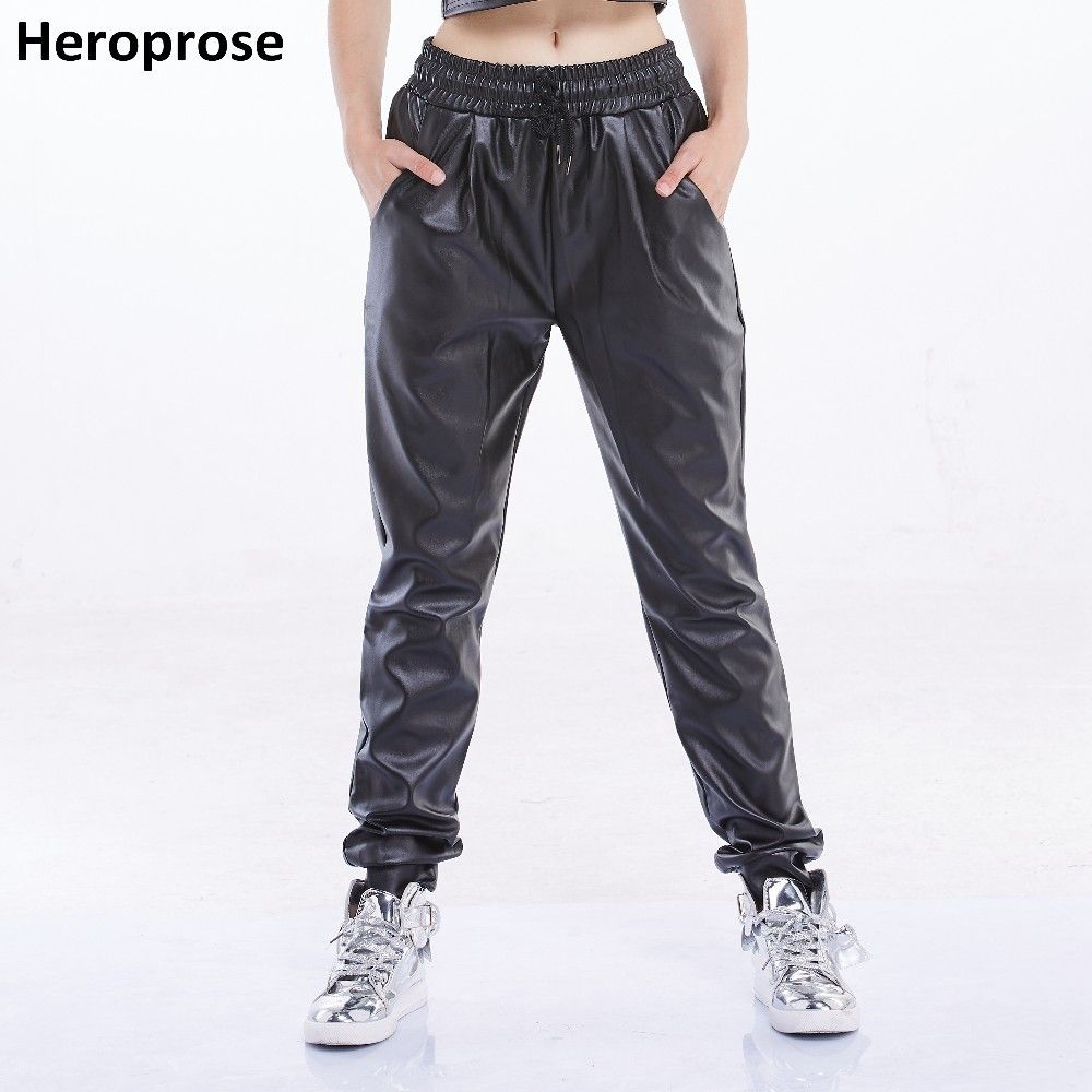black leather joggers womens