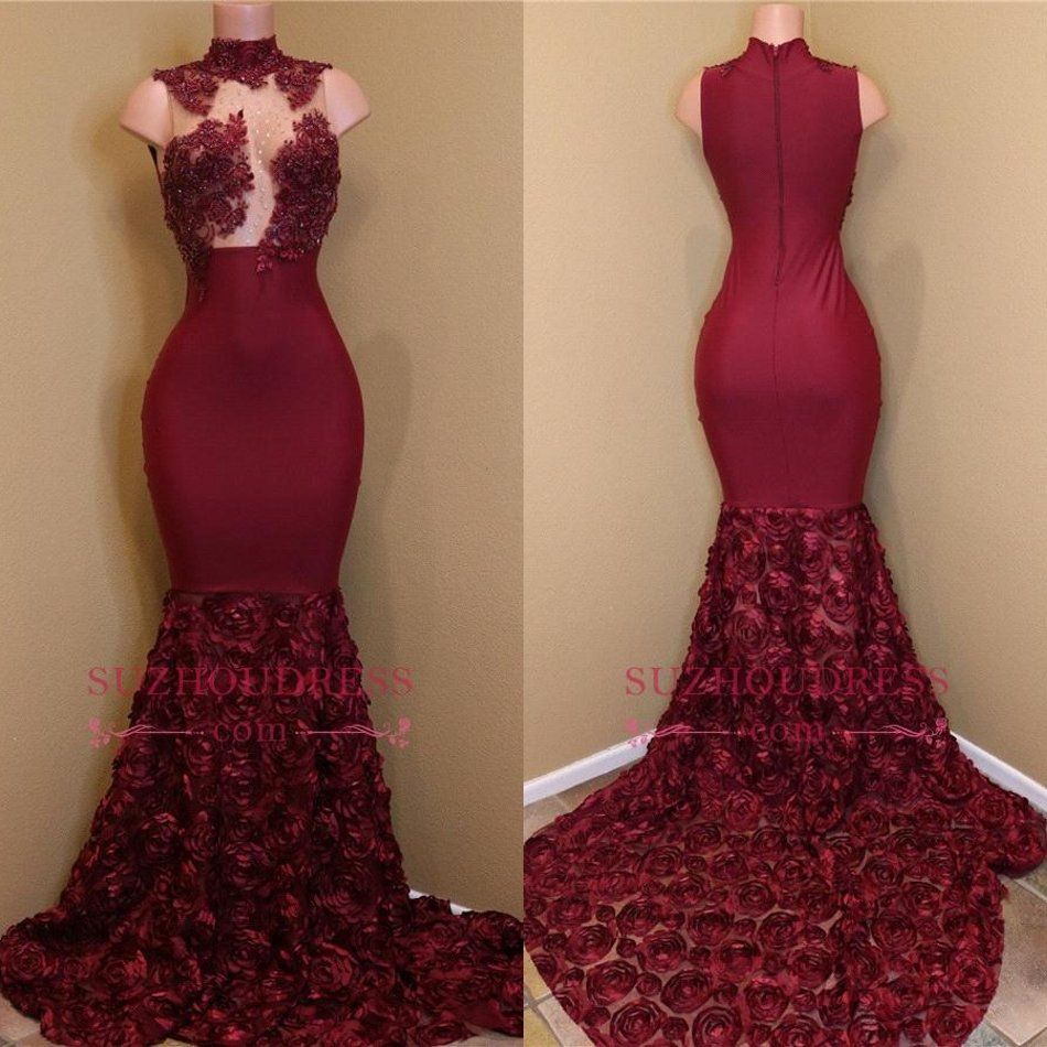 red prom dress with roses at the bottom