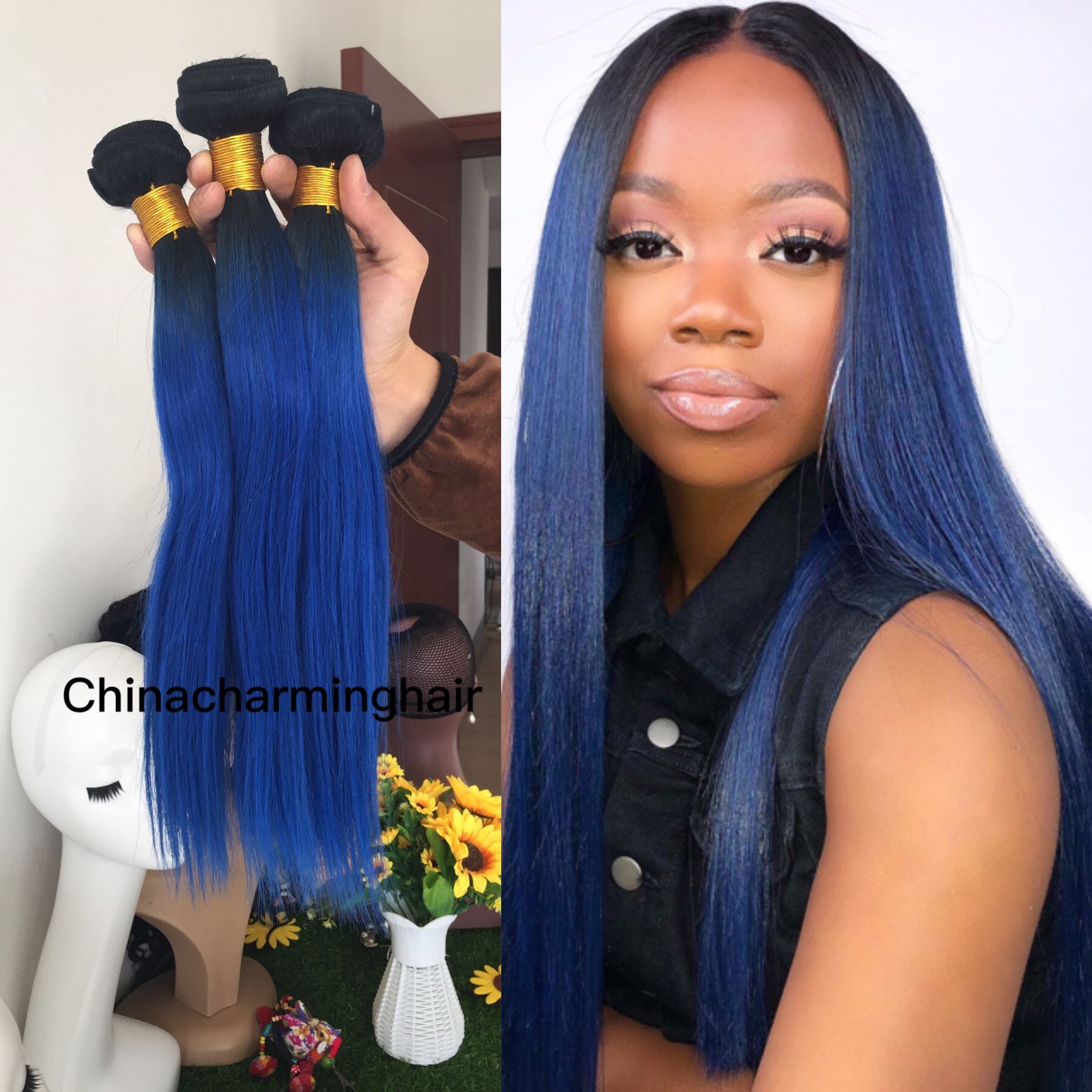 Virgin Brazilian Hair 3 Bundles Ombre Blue Human Hair Straight 2