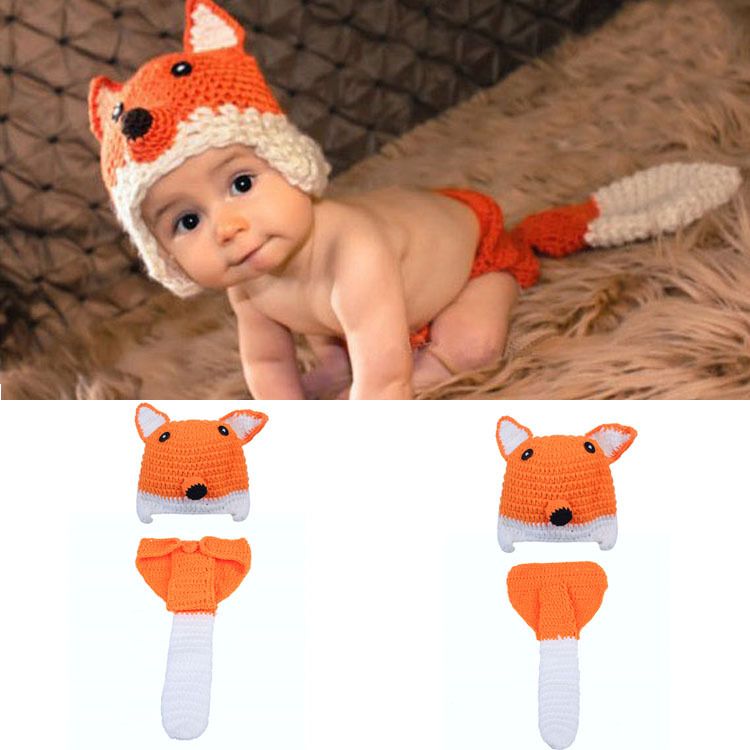 Newborn Baby Girl Boy Crochet Knit Costume Fox Hat Set Photographie Photo Props