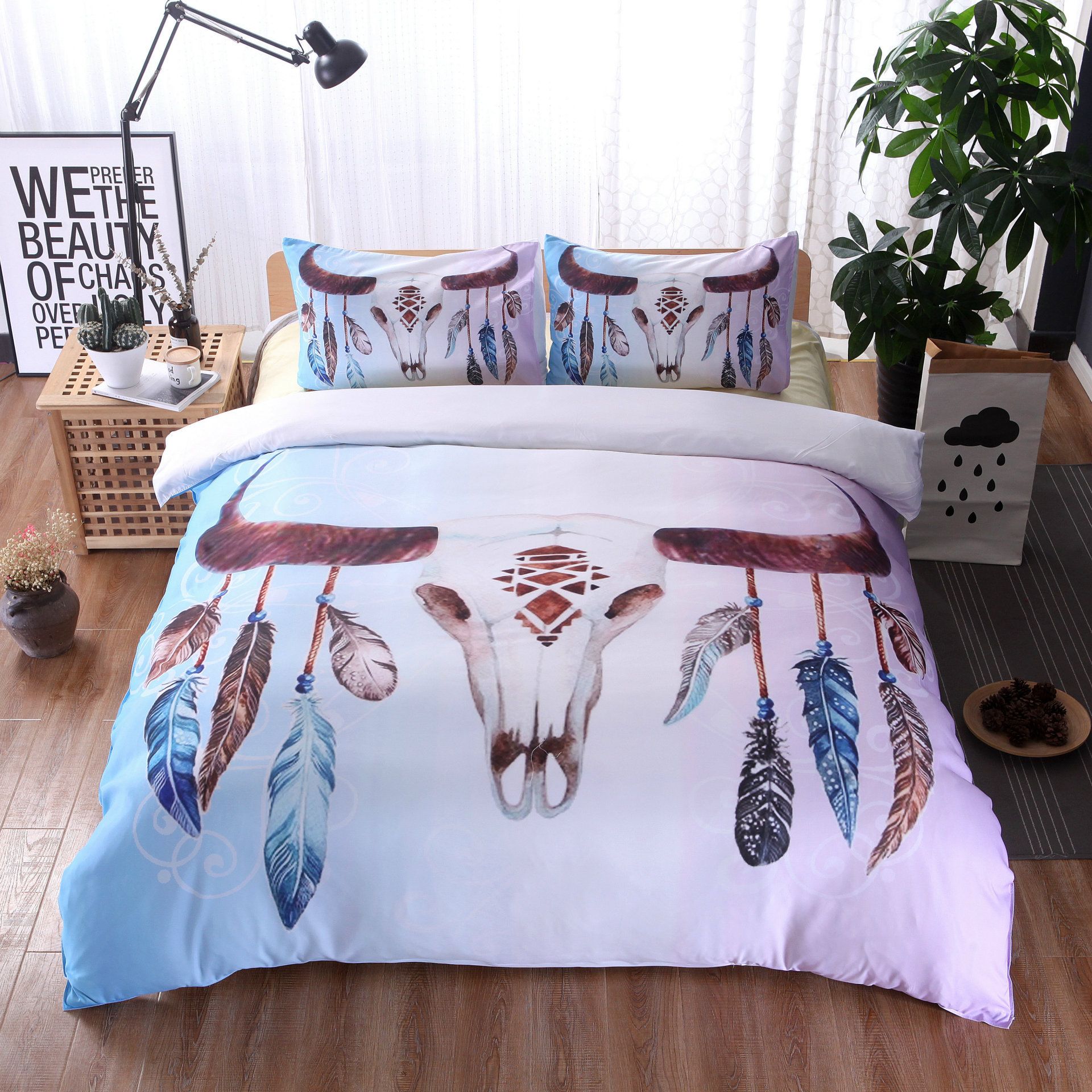 Skull Feathers Bedding Set Tribal Duvet Cover Indian Bohemian