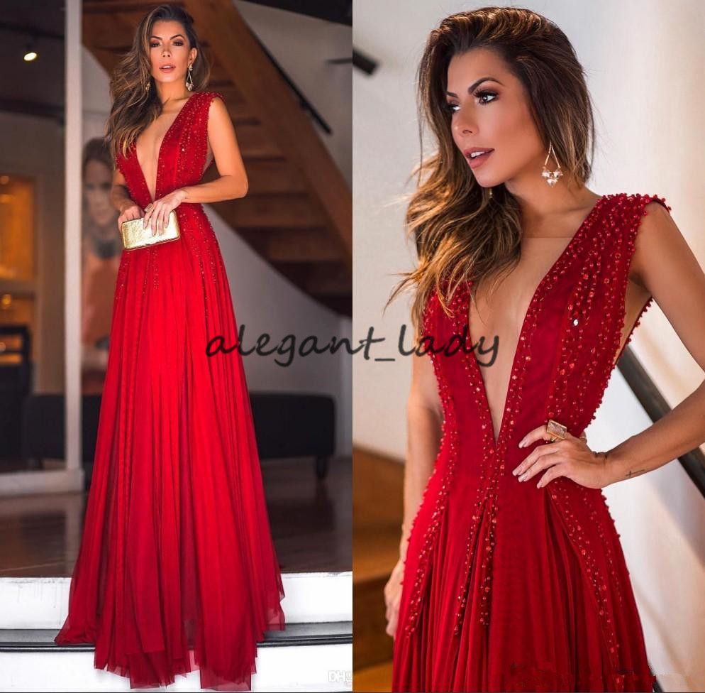 Sexy rojo profundo cuello vestidos de noche largo 2018 piedras con cuentas