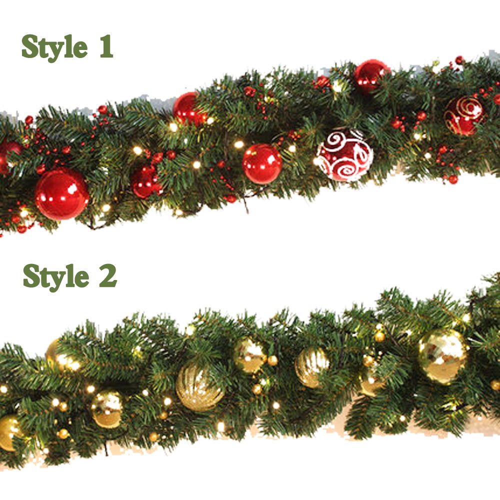 2 7m Christmas Garland Green With Red Gold Bows Lights Ornaments