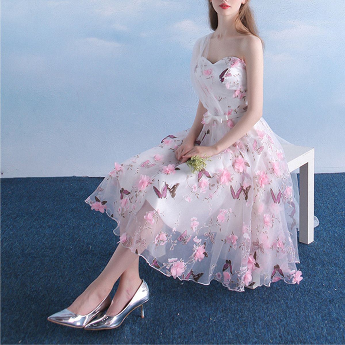 One Shoulder Pink Flower 3D Prom Dresses Butterfly Printed Tea Length Short Girls Pageant Dress