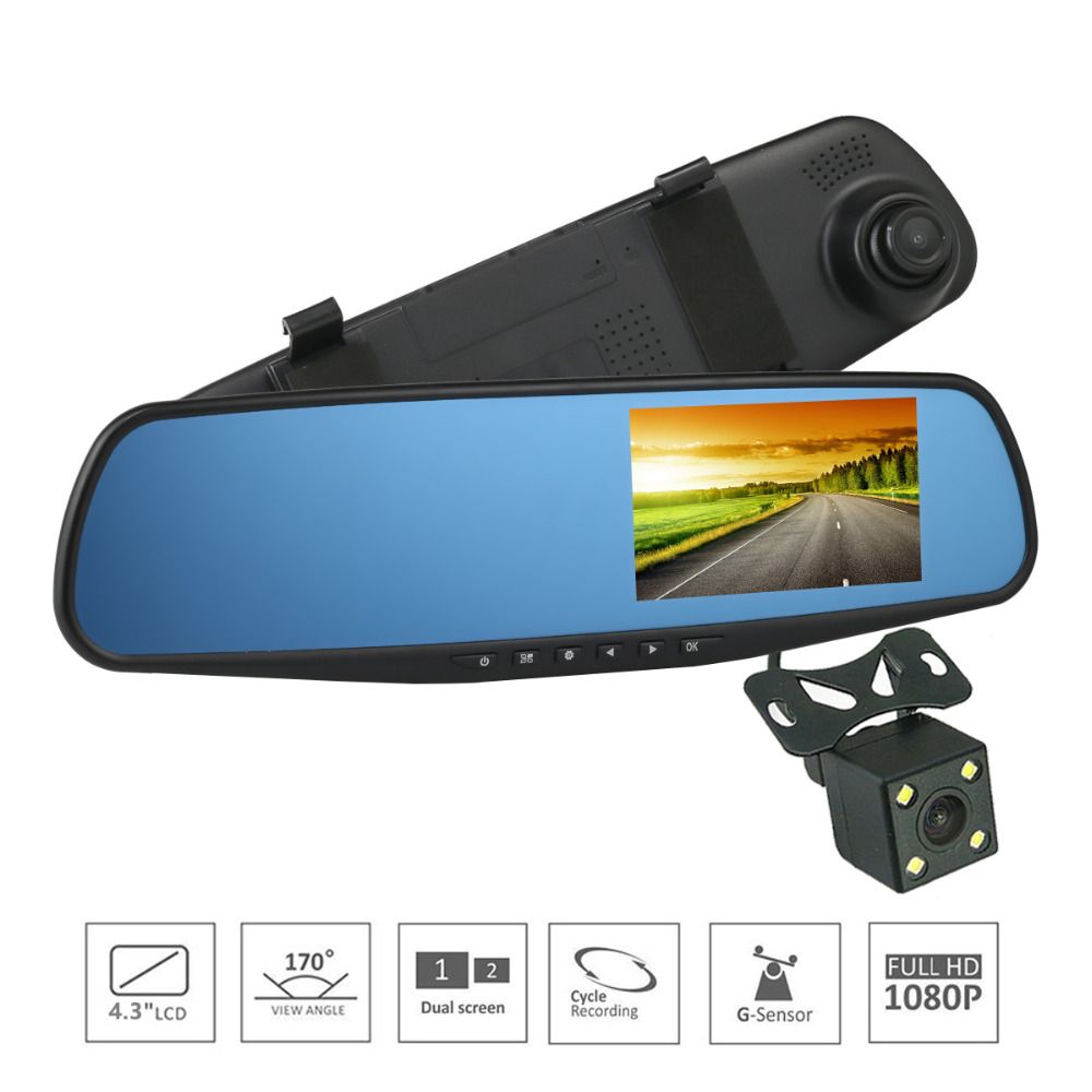 4.3/" 1080P HD Dual Lens Car DVR Dash Cam Rearview Mirror Camera Video Recorder