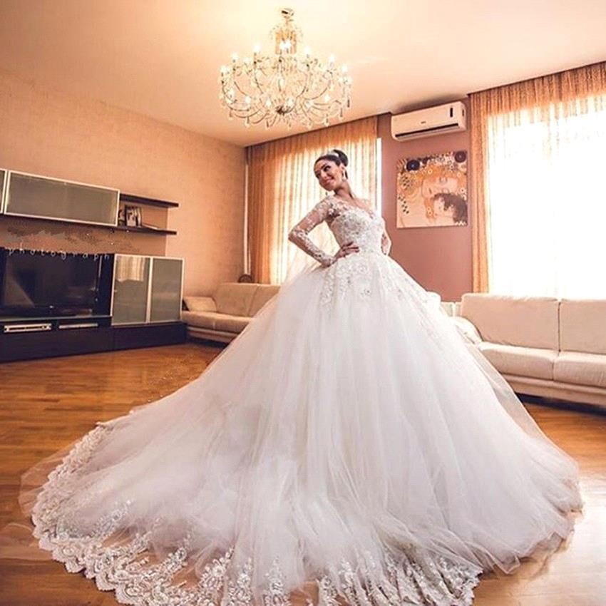 Jewel Neck Lace Appliqued Long Sleeves Ball Gown Wedding Dresses rosa clará vestidos de novia corte princesa Jewel Neck Lace Appliqued Long Sleeves Ball Gown Wedding Dresses rosa clará vestidos de novia corte princesa