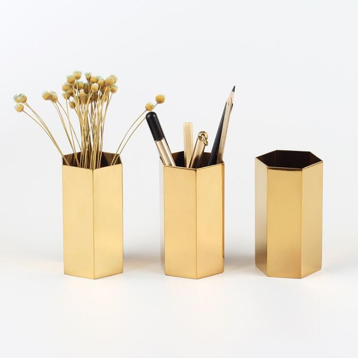 2020 Hexagon Diamond Design Desk Pen Pencil Holder Brass Metal Desk Pen Pencil Holder Brass Metal