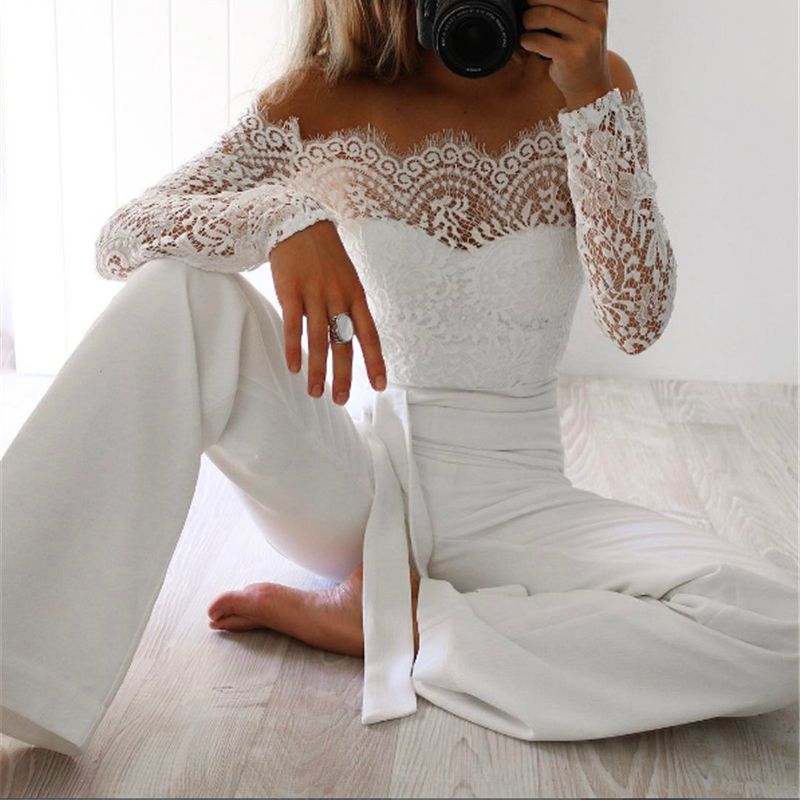 Wholesale Best Quality BRAND Elegant Off Shoulder Lace Rompers Womens Summer Jumpsuit Ladies Casual Long Trousers Overalls White/Black/Blue Jumpsuit B873 And Womens Jumpsuits & Rompers | DHgate.Com