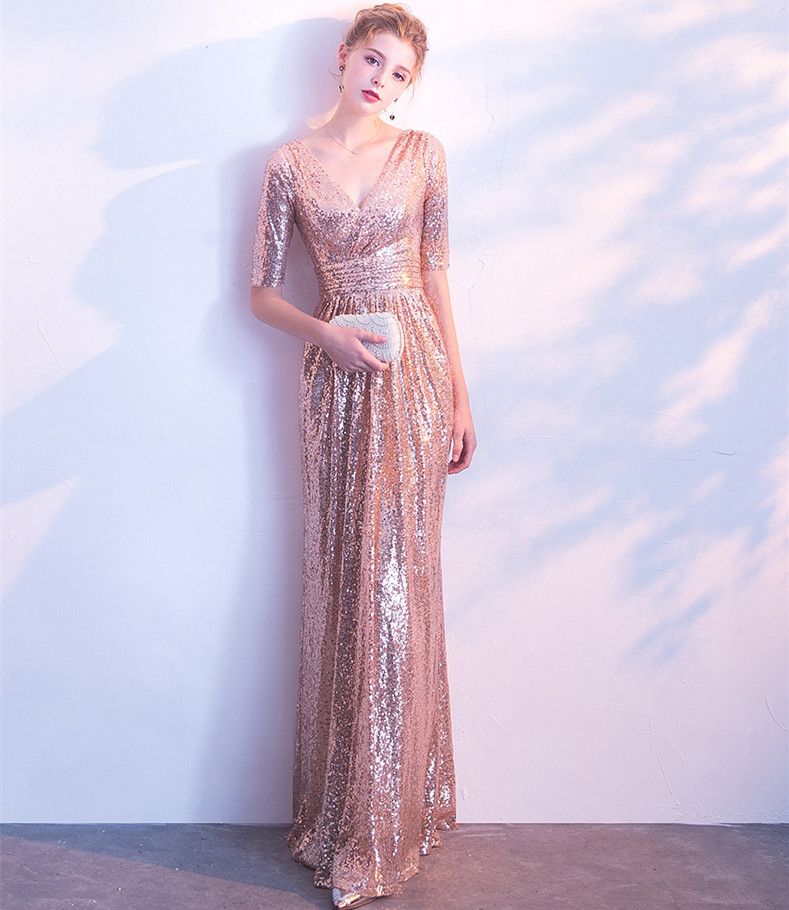 Vestido de dama de honor de lentejuelas de oro rosa 2019 Vestidos de fiesta largos de Vestido de dama de honor de lentejuelas de oro rosa 2019 Vestidos de fiesta largos de