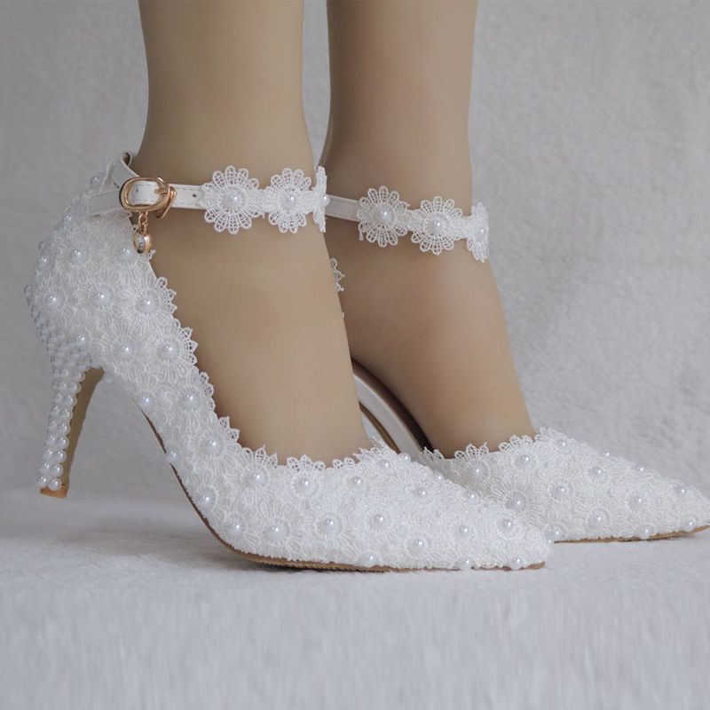 2019 8cm White Lace Flower Wedding Shoes Strap Brides Shoes And